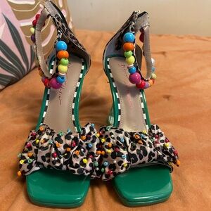 Betsey Johnson ALMMA Sandals Leopard Green Beaded Ankle Strap Heels Size 6